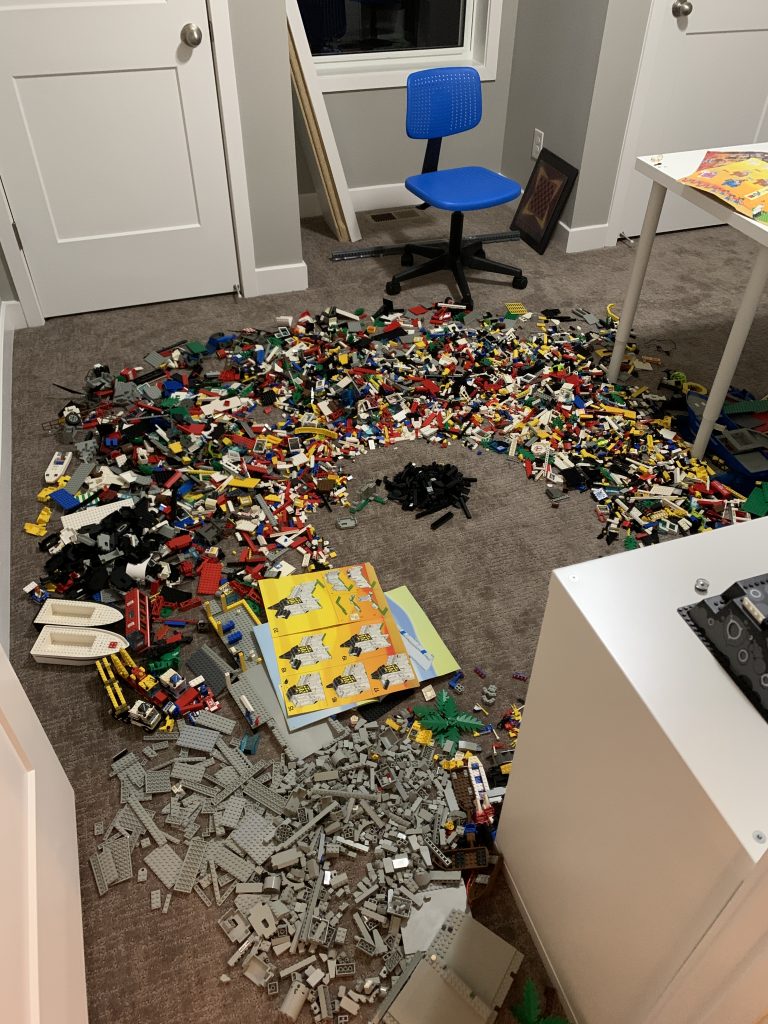Photograph of LEGO brick all over the floor mixed together in room with some sorting done of pieces.