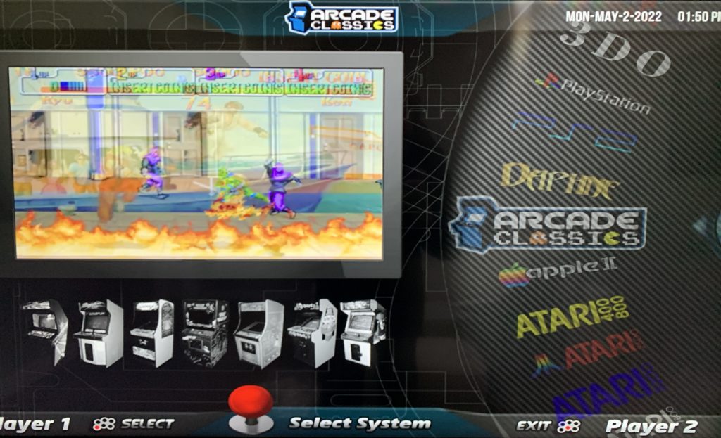 Arcade cabinet system selection screen