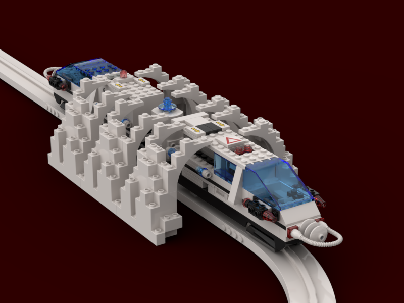 Rendered photo of LEGO tram with partially built tunnel.