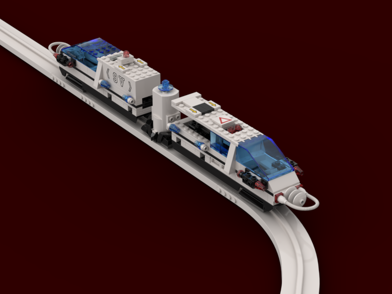 Rendered photo of LEGO tram sitting on track.