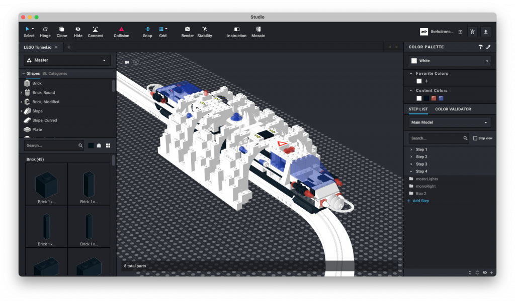 Screenshot of LEGO design software showing model of monorail and beginnings to the design of a tunnel.