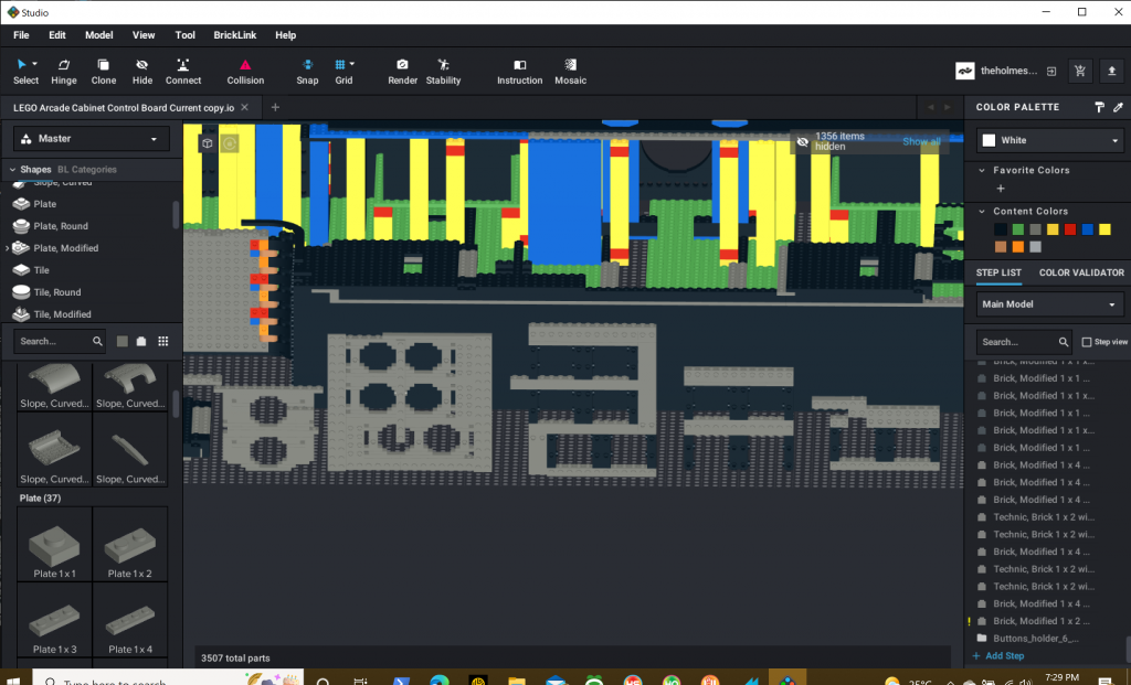 Screenshot of software showing various iterations of the design to hold the buttons with LEGO.