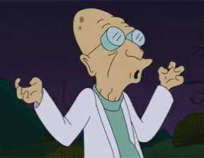 Farnsworth from Futurama shown maniacally laughing
