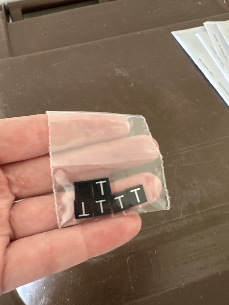 Photo of a small baggy containing 6 small black 1x1 tiles with the letter T printed on each tile