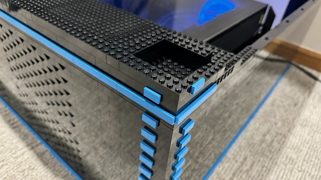 Closeup photo of the arcade base showing a corner and how the arcade will be built upward going forward.