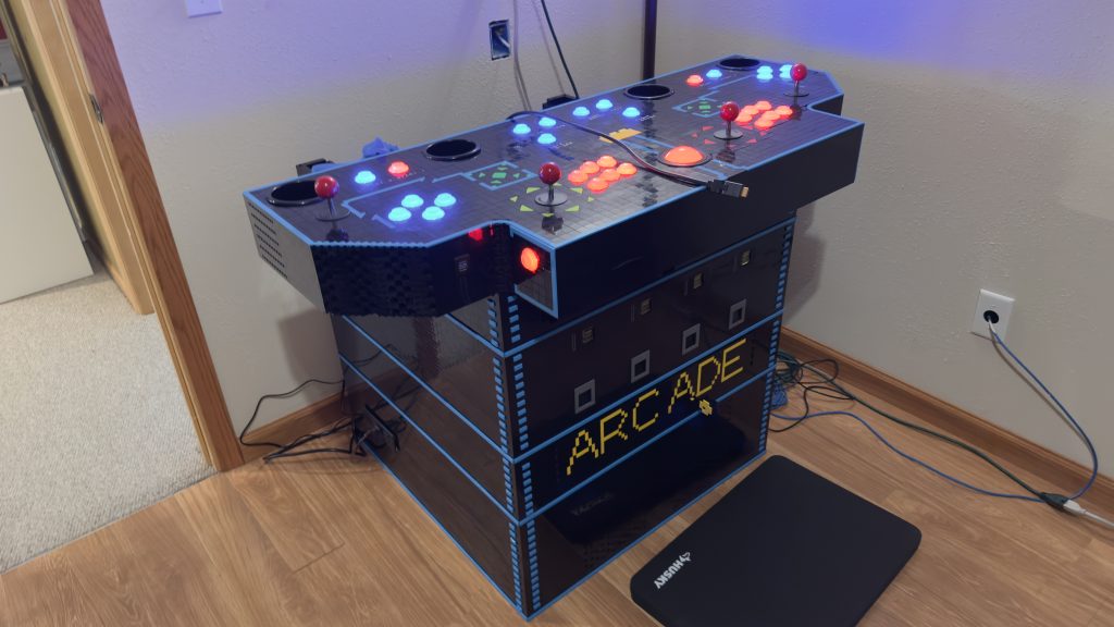 Photo of the arcade machine put together, just missing the monitor and the marquee now.